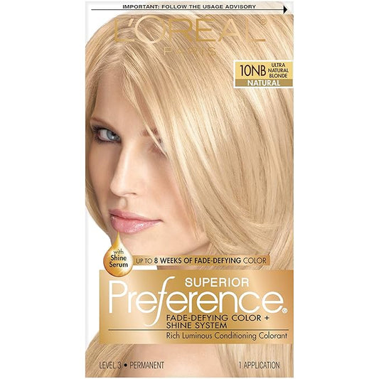 L'Oreal Paris Superior Preference Luminous Fade-Defying Permanent Hair Color, Hair Dye For Up to 9 Weeks of Radiance, Ultimate Natural Blonde 10NB, 1 Hair Dye Kit