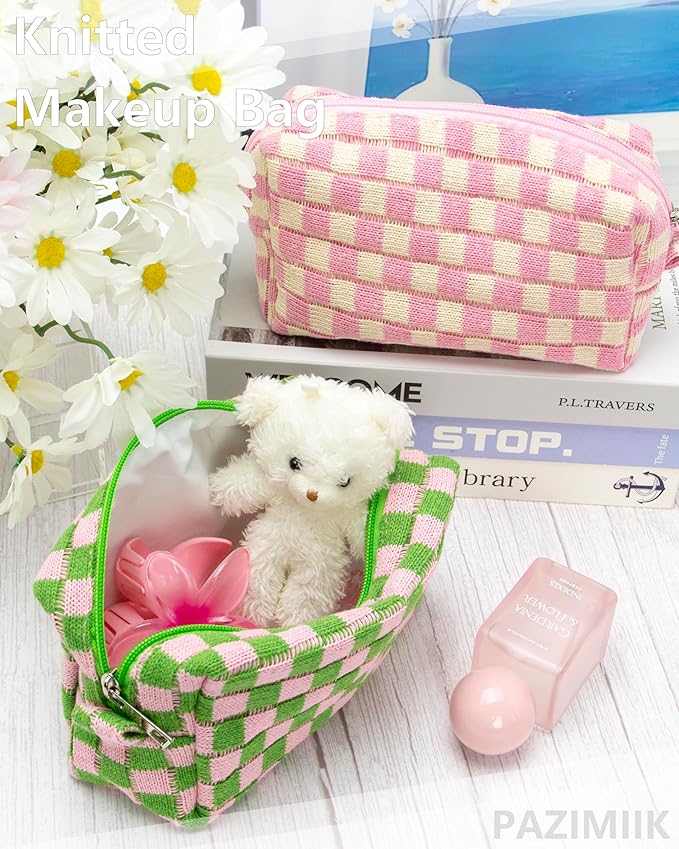 PAZIMIIK 2PCS Checkered Makeup Bag for Purse Portable Zipper Make Up Pouch Small Cosmetic Case for Travel Accessories Pink Green
