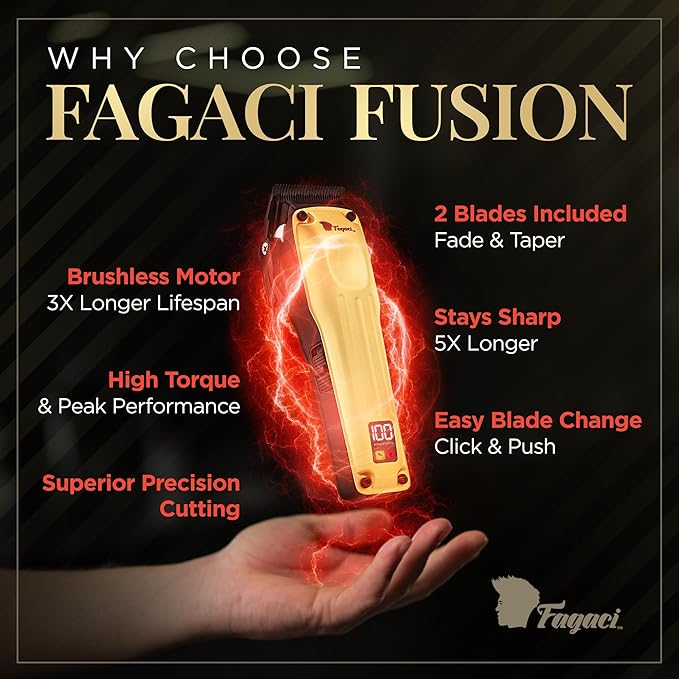 Fagaci Professional Hair Clippers for Men with Superior Precision, 5X Longer Sharpness Professional Barber Clippers Cordless with 2 Blades Fade & Taper, Brushless Motor Mens Hair Clipper Cordless Set