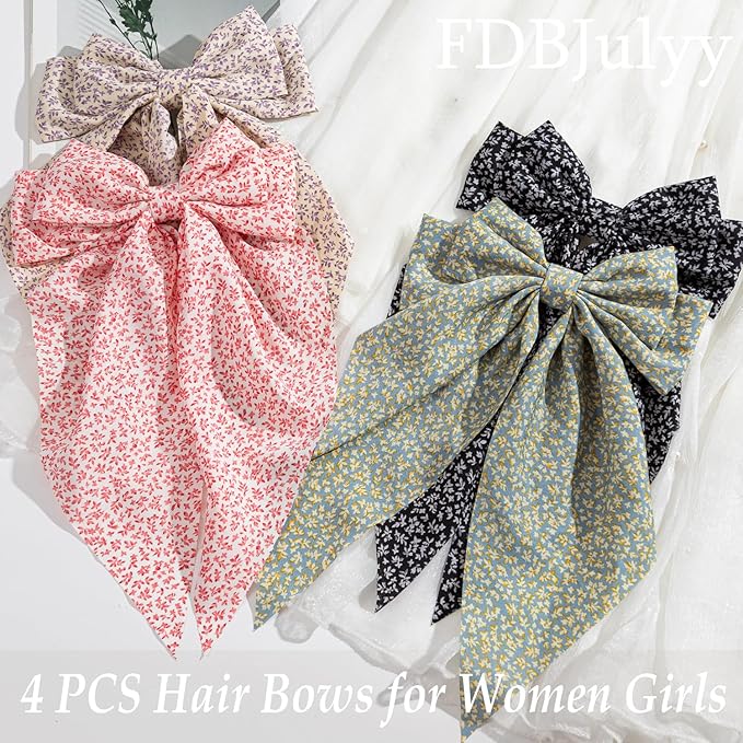 4 PCS Premium Hair Bows Claw Clips for Women & Girls in Black - Satin Non-Slip Bow-knot Hair Clips for Thick or Thin Hair, Big Bows