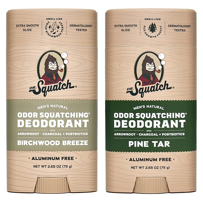 Dr. Squatch Natural Deodorant for Men - Odor-Squatching Aluminum Free - Pine Tar & Birchwood Breeze (2.65 oz, 2-Pack)