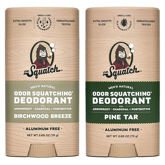 Dr. Squatch Natural Deodorant for Men - Odor-Squatching Aluminum Free - Pine Tar & Birchwood Breeze (2.65 oz, 2-Pack)