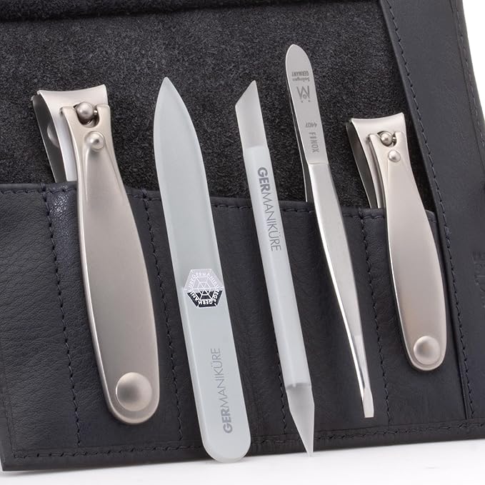 GERMANIKURE 5pc Manicure Set in Black Leather Case - Made in Solingen Germany, FINOX Stainless Steel and Crystal Glass Tools – Professional Quality Compact Nail Grooming Kit