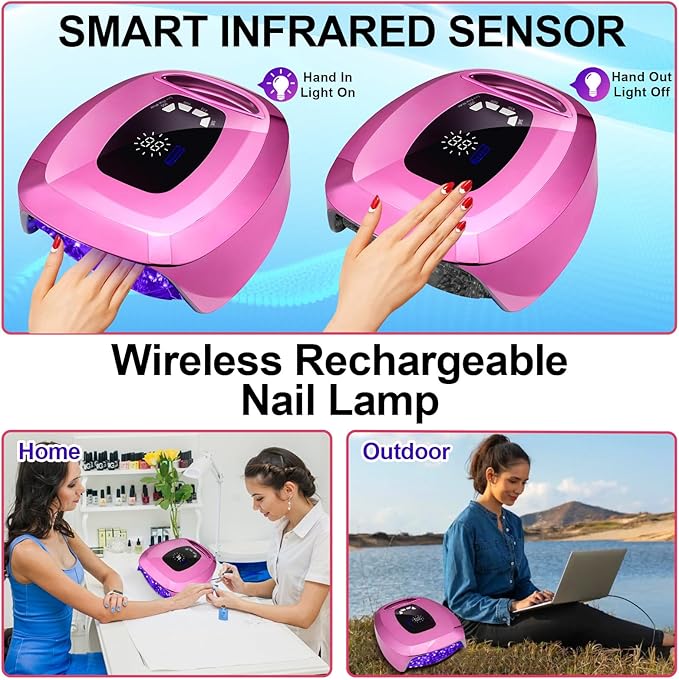 UV LED Nail Lamp Dryers Cordless 108W Rechargeable Portable UV Light for Gel Nails Polish Kit,Fast Curing Poly Builder Gel Lamp with Sensor Metal Base 4 Timer 35 LEDs,Professional Manicure Art Tools