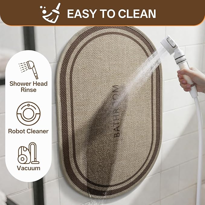 Non-Slip Bath Mat with Upgraded Rubber-Backing, Washable Thin Bath Mats for Bathroom Floor, Absorbent Woven Bathroom Rugs, Quick Dry, Fits Under Door, 20x32, Border Brown