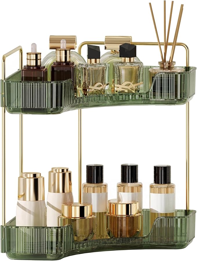 YCIA&DONE Corner Bathroom Counter Organizer, Makeup Organizer for Vanity, Skincare Cosmetic Perfume Tray, Corner Countertop Shelf Rack Storage for Bathroom Kitchen 2 Tiers (Vintage Green)