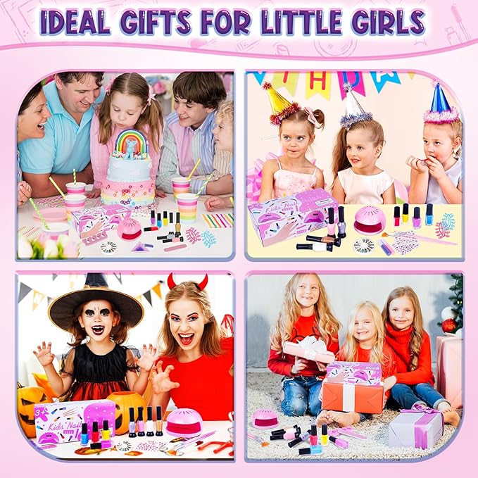 Kids Nail Polish Set for Girls, 27PCS Nail Art Kit with Nail Dryer, Non Toxic Nail Polish kit and Fake Nails for Kids, Halloween Christmas Birthday Gifts for Girls 8-12