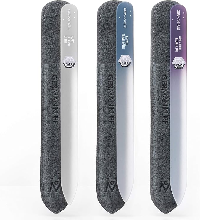GERMANIKURE Czech Crystal Glass Nail File 3 Pack in Suede Sleeves - Professional Manicure & Pedicure Products for Smooth Easy Shaping of Natural Nails - Ideal Nail Care Gift