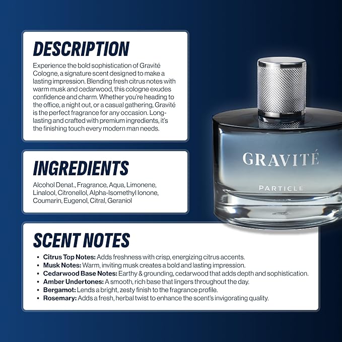 Particle Gravité Cologne Spray for Men, Long Lasting Fresh Scent, Men's Perfume Woody Citrus Fragrance, Notes of Pepper, Rosemary, Grapefruit, Cedar, Cashmere & Musk, 3.38 FL OZ Bottle