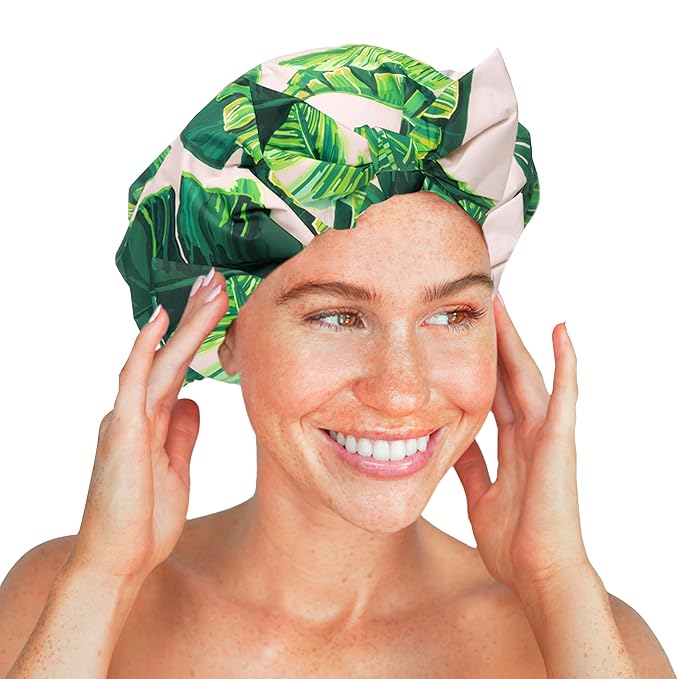 Kitsch Luxury Shower Caps for Women Reusable Waterproof - Large Shower Cap for Women and Men, Non-slip, Quick-dry Hair Cap for Long & Short Hair, Comfortable and Stylish Design - Palm Leaves