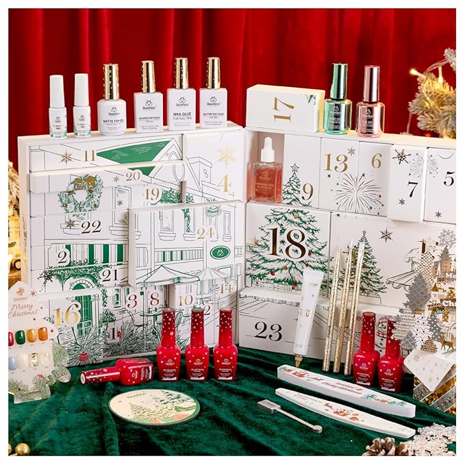 beetles Gel Polish Merry Glitzmas 2025 Christmas Advent Calendar – 24 Days Christmas Countdown Nail Art Set with Mini LED Nail Lamp Base Top Coat and Festive Holiday Surprises Gifts for Women Girls