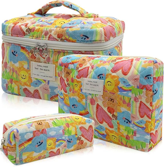 3pc Makeup Bag Set, Quilted Makeup Bag Set, Large Floral Cosmetic Bag for Women, Cute Cotton Makeup Bags, Flower Travel Toiletry Organizer Bag (Heart Shape)