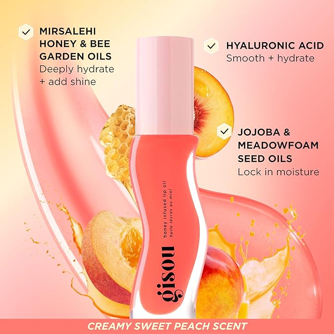 Gisou Honey Infused Hydrating Lip Oil, Nourishing Lip Moisturizer for Dry Lips, 0.27 fl oz (Bee-lini Peach)