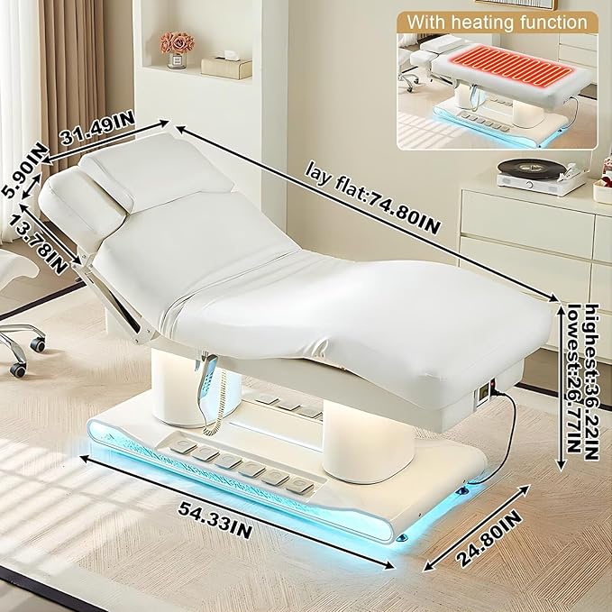 4.0 Electric Massage Table (Multi-Functional Adjustment)(Heating Function)(Foot Control)(Ice-Blue Ambient Light Base), Lash Bed with Modern Ergonomic Design