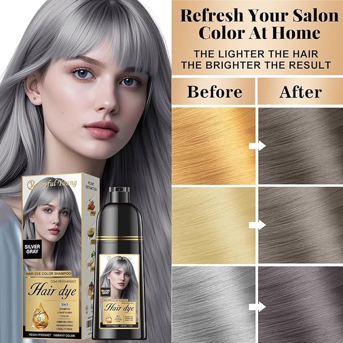 Natural Color Hair Dye Shampoo 3 IN 1, Instant Hair Coloring, Gray Coverage for Men & Women, Beard Dye Vegan Ammonia Free & Paraben-Free, Champú Para Canas Mujer & Hombre (SILVER GRAY)