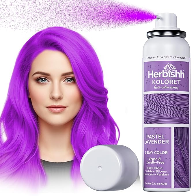 Herbishh Koloret Pastel Lavender Hair Tint Spray (69g), Washable Temporary Dye Mist for Light & Dark Hair, Quick-Dry, Non-Sticky, Travel-Friendly Root Touch Up Spray for Women