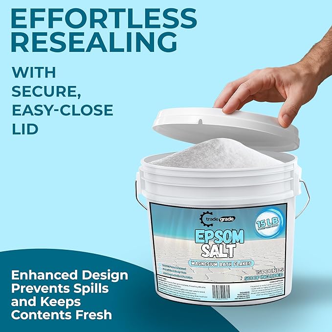 Epsom Salt Bath Soak 15 lb Bucket – Unscented, Pure Epsom Salt Bulk Crystals, Magnesium Sulfate for Full Body or Foot Soaks, Resealable Container with Scoop for Home Bath Use