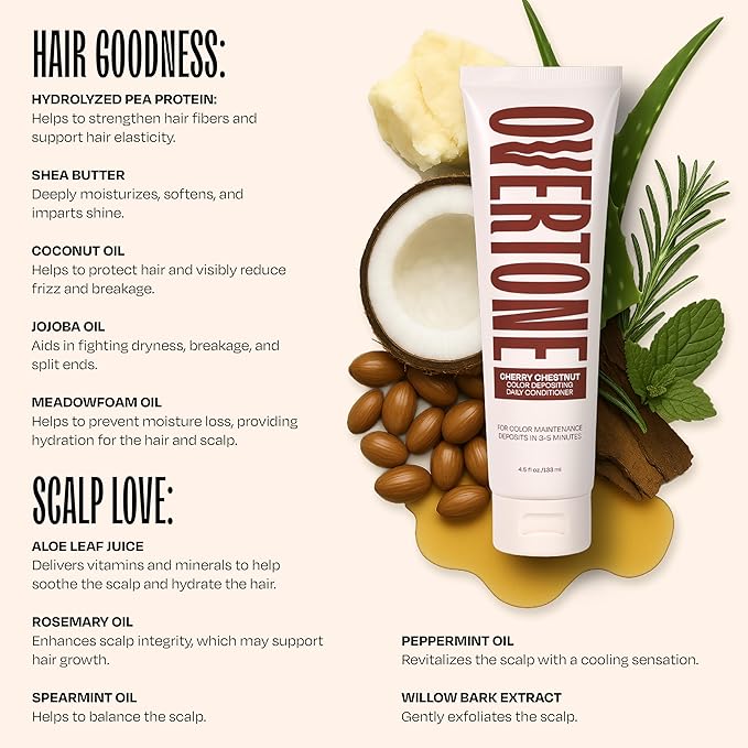 Overtone Daily Color Depositing Conditioner for Dyed & Natural Hair - 4.5oz Temporary Coloring with Shea Butter & Coconut Oil - Refresh Color & Prevent Fading - Vegan & Cruelty-Free, Cherry Chestnut