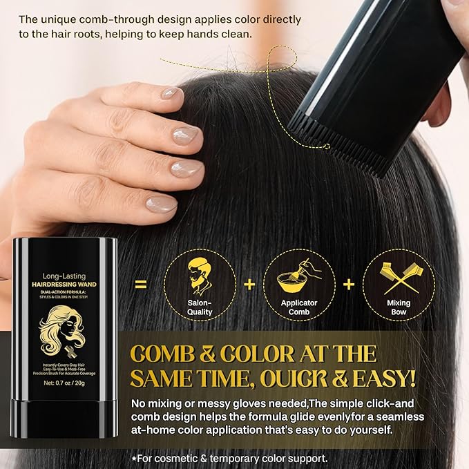 2 Pcs 2-In-1 Hair Color Stick & Comb To Temporarily Cover Gray Roots and Scattered White Hairs for Women & Men (Black)