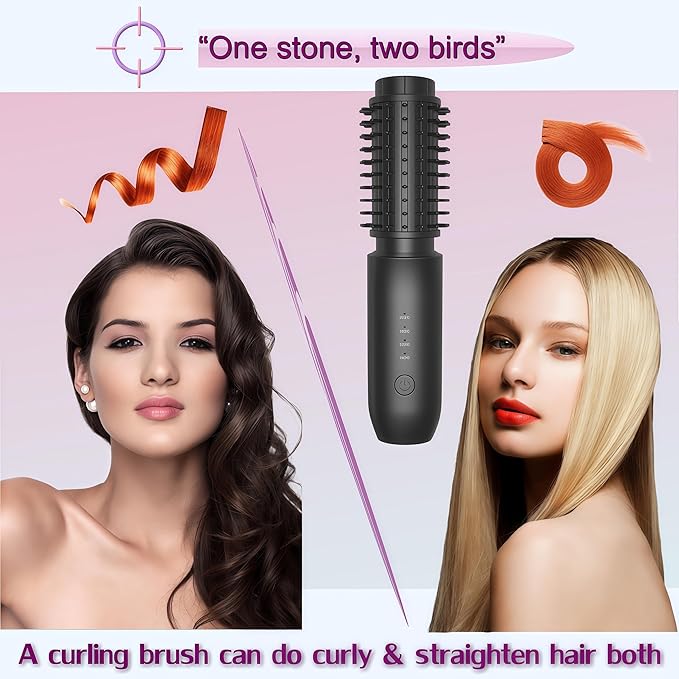 2-in-1 Cordless Curling Iron & Straightener Brush,Heated Hair Styler with Needle Teeth Comb,USB-C Rechargeable,4 Temp,200M Ionic (Black)