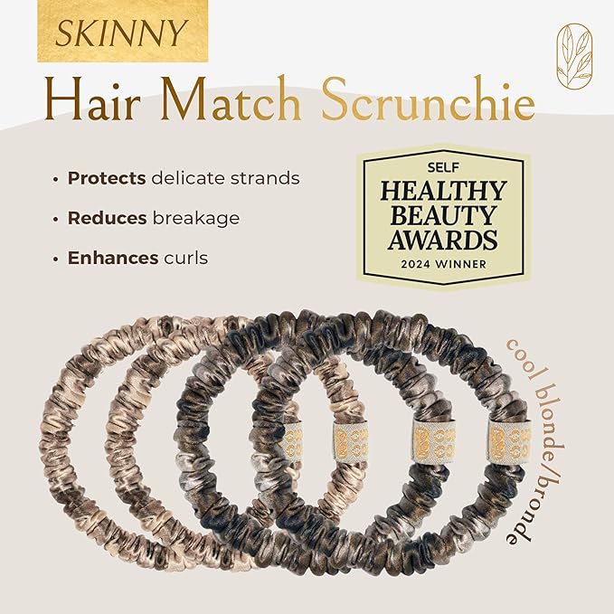 Authentic Mulberry Silk Skinny Hair Match Scrunchies for Women, Anti Breakage Hairties for Curly Thick & Thin Hair, 100% Silk for Buns, Sleep & Ponytail, Cool Blonde/Bronde (4 Pack)