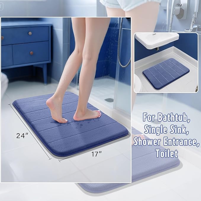 Yimobra Memory Foam Bath Mat, Super Soft Absorbent Bathroom Rug Non Slip, Quick Dry, Machine Washable Floor Carpet for Tub Shower, Home Decor Accessories, 24x17, Navy Blue