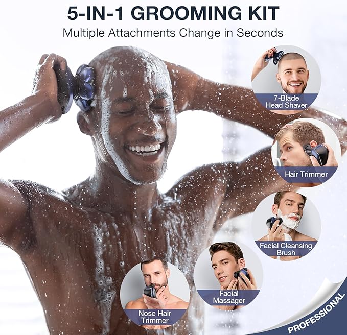 Head Shavers for Bald Men: 5-in-1 Electric Razor - Waterproof Wet Dry Shaving - Professional Grooming Kit for Balder - Rechargeable Head Shavers for Face/Beard Use (Dark Blue)