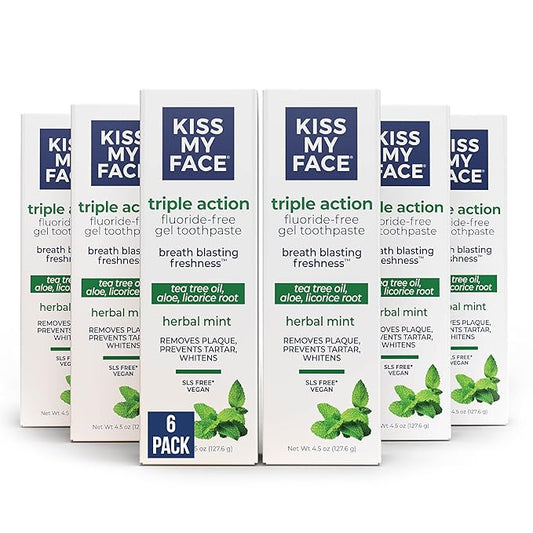 Kiss My Face Triple Action Toothpaste Gel, Herbal Mint Flavor, Removes Plaque, Whitens Teeth, Prevents Tartar, with Tea Tree Oil and Aloe, Fluoride Free, Vegan, 4.5 oz, 3 Pack