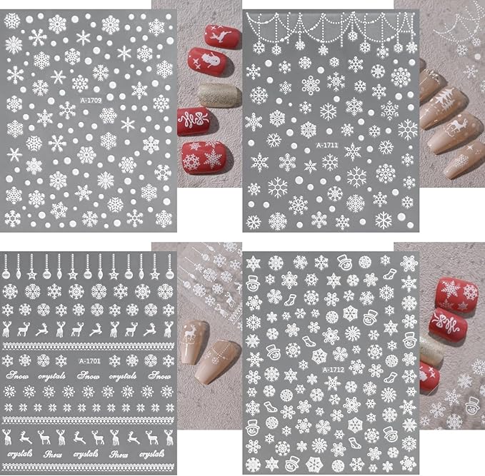 12 Sheets Christmas Nail Art Stickers 3D Holiday Stickers Self Adhesive Christmas Nail Decals Snowflake Art Supplies Decoration Accessories for Women & Girls