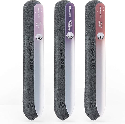 GERMANIKURE Czech Crystal Glass Nail File 3 Pack in Suede Sleeves - Professional Manicure & Pedicure Products for Smooth Easy Shaping of Natural Nails - Ideal Nail Care Gift