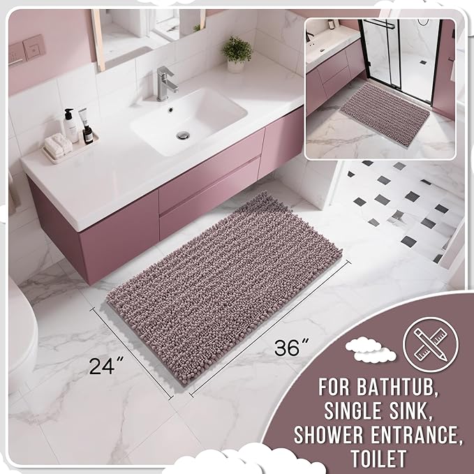 Yimobra Large Bathroom Rugs Non Slip Washable 36x24 Inch - Ultra Soft Absorbent Chenille Bath Mat, Quick Dry Shaggy Floor Carpet for Tub Shower, Mauve Home Decor Accessories