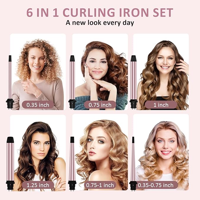 6 in 1 Curling Iron, 6 Interchangeable PTC Ceramic Barrels (0.35"-1.25"), Curling Wand Set for Long/Short Hair, 2 Temp Heating Setting, Contain Comb & Protective Glove & 2 Clips