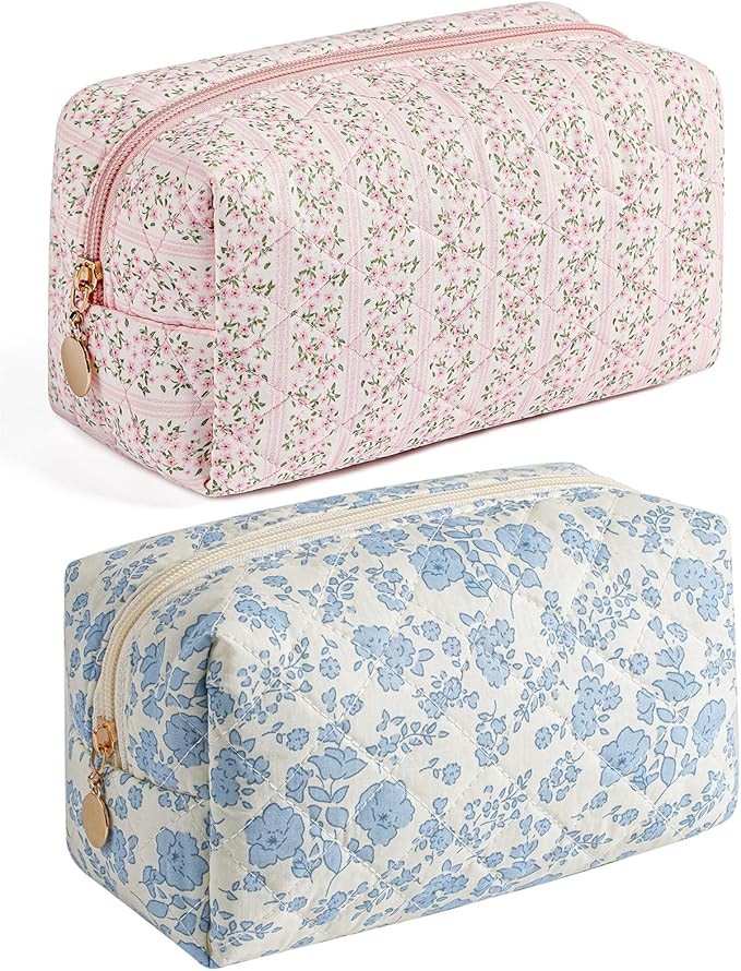 Makeup Travel Cosmetic Bag, Two Pack: Pink+Blue Floral, Zipper Closure, Durable Polyester, Perfect for Toiletry, Makeup, Travel
