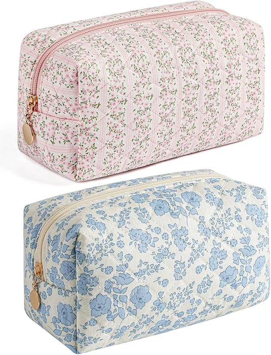 Makeup Travel Cosmetic Bag, Two Pack: Pink+Blue Floral, Zipper Closure, Durable Polyester, Perfect for Toiletry, Makeup, Travel