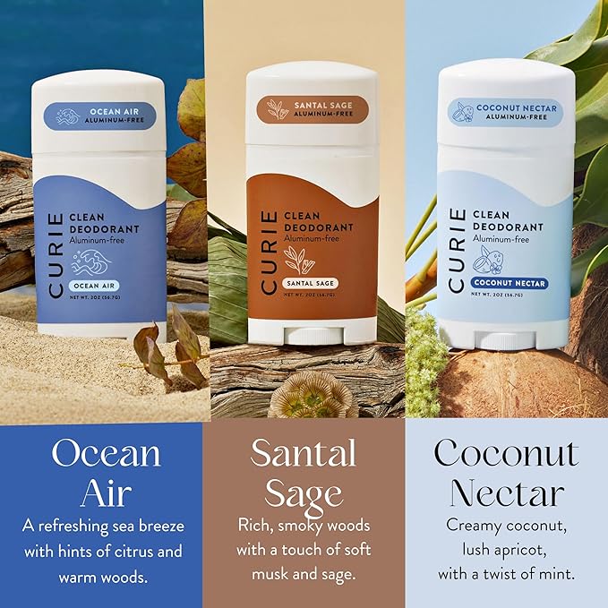 Curie Natural Deodorant for Women Calm & Cool Stick Trio - Coconut Nectar, Ocean Air, and Santal Sage - Aluminum Free, Clean, Sustainable, Vegan, Paraben Free (3pk)