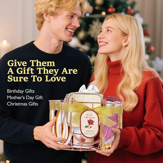 21Pcs Bath and Body Gift Basket Set for Women Christmas Gifts- Rose Vanilla XL Spa Gift Basket for Women Gifts｜ Bath Gift Set Home Spa Self Care Kit Necklace Finger Ring gift, Birthday Spa Gift