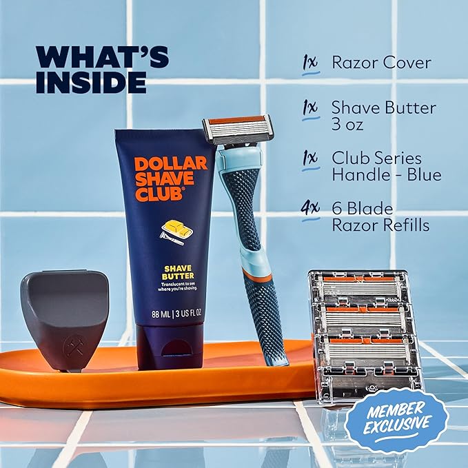 Dollar Shave Club | The Member Exclusive Shave Set | 4 Extra Close Refill Cartridges, 1 Handle (Blue), 1 Shave Butter 3 ounce, 1 Razor Cover, Razors for Men