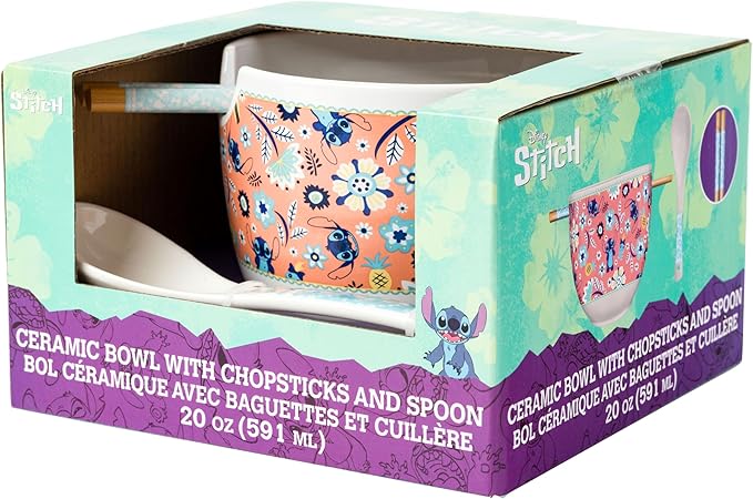 Silver Buffalo Disney Lilo and Stitch Flower and Leaves Pattern Ceramic Ramen Noodle Rice Bowl with Chopsticks and Spoon, Microwave Safe, 20 Ounces