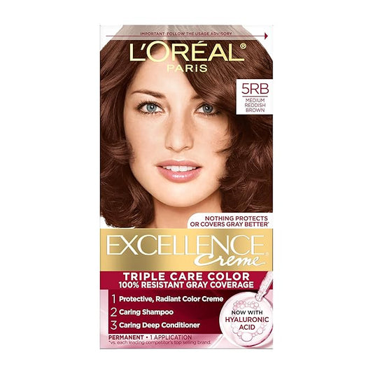 L'Oreal Paris Excellence Crème Permanent Hair Dye, Triple Care Hair Color with Pro-Keratine Complex for 100% Gray Hair Coverage, 5RB Medium Reddish Brown, 1 Kit
