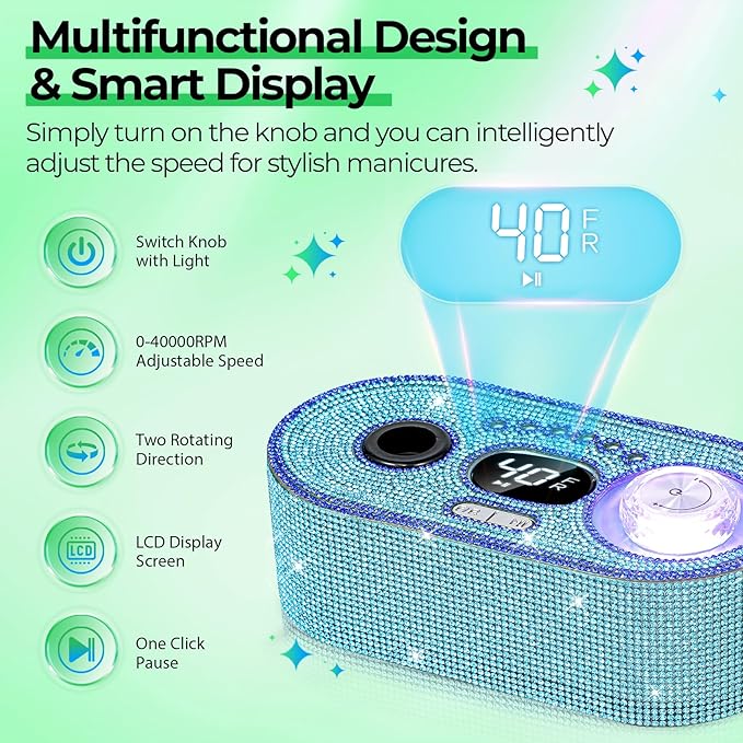 Electric Nail Drill Professional: Shiny 40000RPM Electric Nail File Kit E File Nail Drill Machine with LCD Display for Acrylic Gel, Manicure Pedicure Polishing Grinder for Salon Home, Diamond