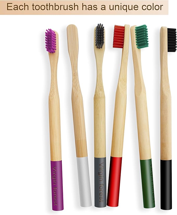 Virgin Forest 6 Pcs Biodegradable Bamboo Toothbrushes, Natural Eco-Friendly BPA-Free Toothbrushes, Best Travel Wood Toothbrush Set for Sensitive Gums