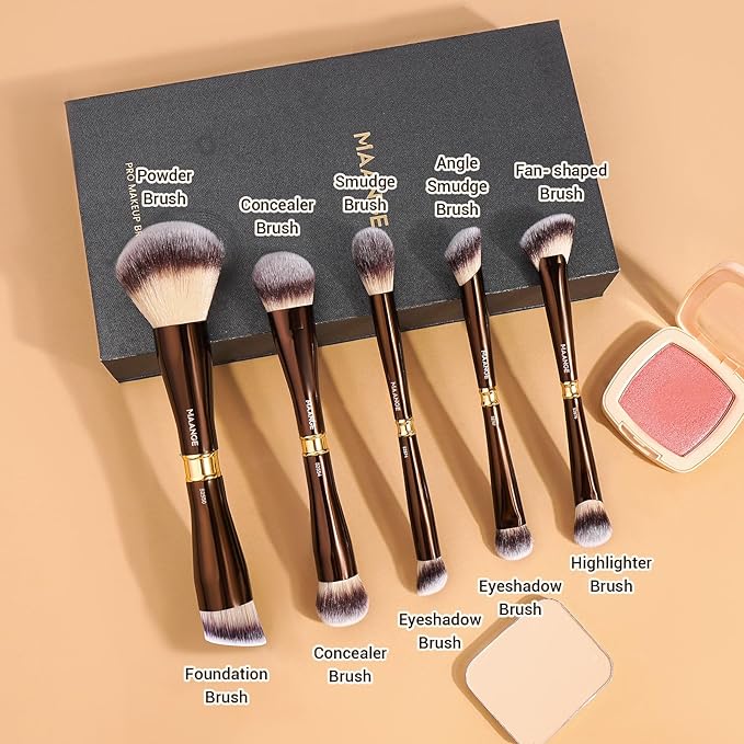 MAANGE Makeup Brush Set Double-ended Kabuki Makeup Brushes For Foundation Contour Liquid Powder Concealer Eye Shadows Cream Cosmetics Blending Blush Makeup Tools (Coffee Brown, 5 PCS)