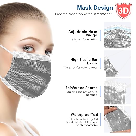 NNPCBT Grey Disposable Face Masks 125 Pack,3-Ply Breathable Mask For Adults,Great For Outdoors,Home, Office, School