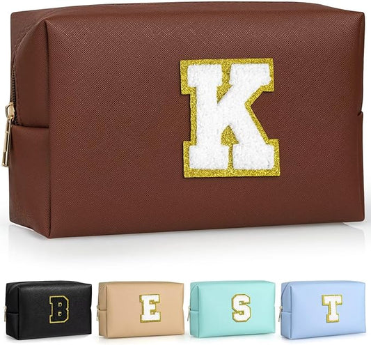 TOPEAST Initial Cosmetic Bag, PU Leather Waterproof Travel Toiletry Bag, Monogrammed Gifts for Women, Personalized Birthday Gift for Sister Friends, Cute Stuff for Girls (Brown K)