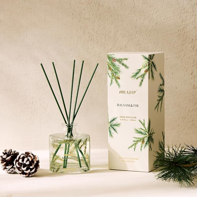Airkeep Reed Diffuser,6.76 fl oz Balsam & Fir Home Fragrance Diffuser Set Includes 8 Reed Diffuser Sticks, Fragrance Oil Diffuser - Aromatherapy Diffuser Home Bedroom Office Decor & Gift