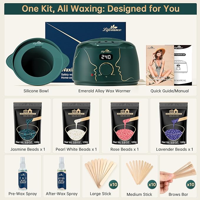 Lifestance Waxing Kit for Women & Men - L3 Emerald Alloy Digital Warmer, Silicone Wax Pot Liner, Hair Removal Kit with 14.1oz Hard Wax Beads & Oil Spray Professional for Home Brazilian Bikini Face Leg