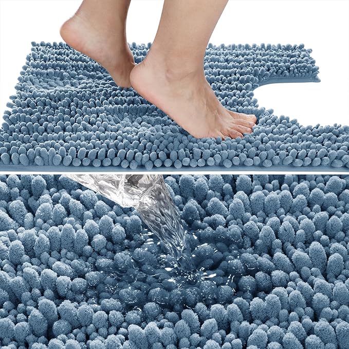 Yimobra Toilet Rug U Shaped Washable 24x20 Inch - Ultra Soft Absorbent Chenille Bath Rugs for Toilet, Quick Dry & Machine Washable, Non Slip Contour Bathroom Mat, Denim Blue
