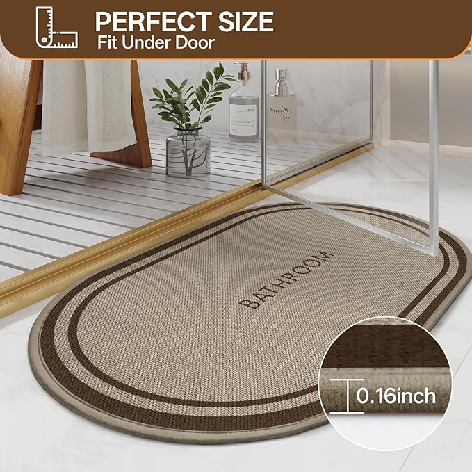 Non-Slip Bath Mat with Upgraded Rubber-Backing, Washable Thin Bath Mats for Bathroom Floor, Absorbent Woven Bathroom Rugs, Quick Dry, Fits Under Door, 24x36, Border Brown