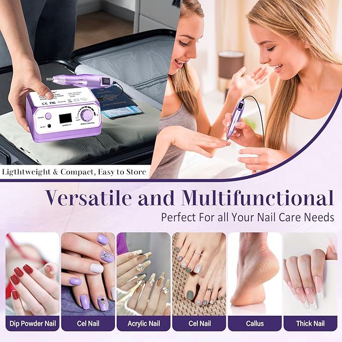 Electric Nail File Nail Drill Professional 35000RPM Nail Dril Electric E Filer for Nails with 100pcs Sanding Bands and Nail Drill Bits for Acrylic, Gel Nail Manicure & Pedicure