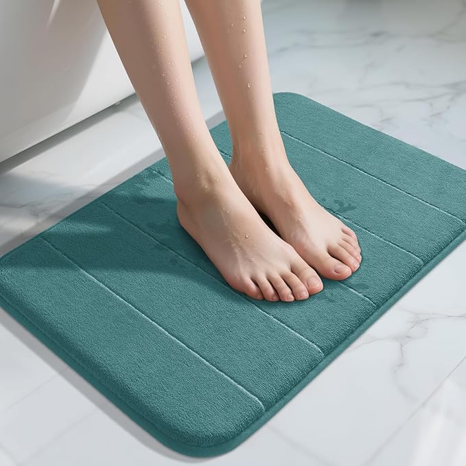 Yimobra Teal Bath Mat, Super Soft Absorbent Memory Foam Bathroom Rug Non Slip, Quick Dry, Machine Washable Floor Carpet for Tub Shower, Home Decor Accessories, 24x17